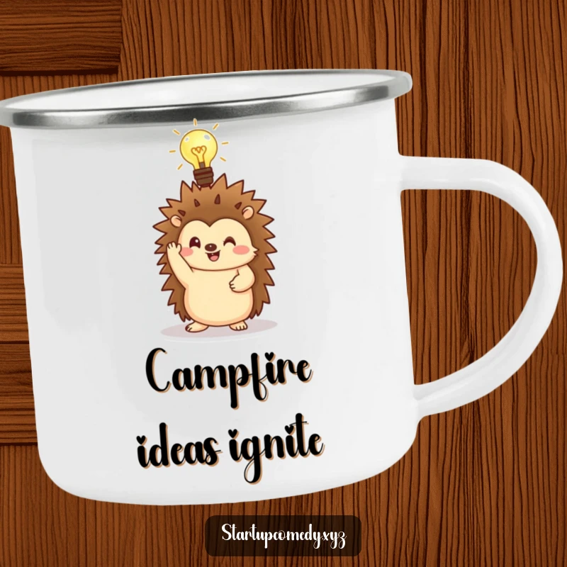 Funny Hedgehog Camping Mug celebrating ideas under the stars with a glowing lightbulb.