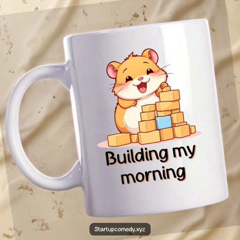Funny Hamster Mug, a cheerful hamster enthusiastically building a tower of tiny blocks with focus and adorable determination.
