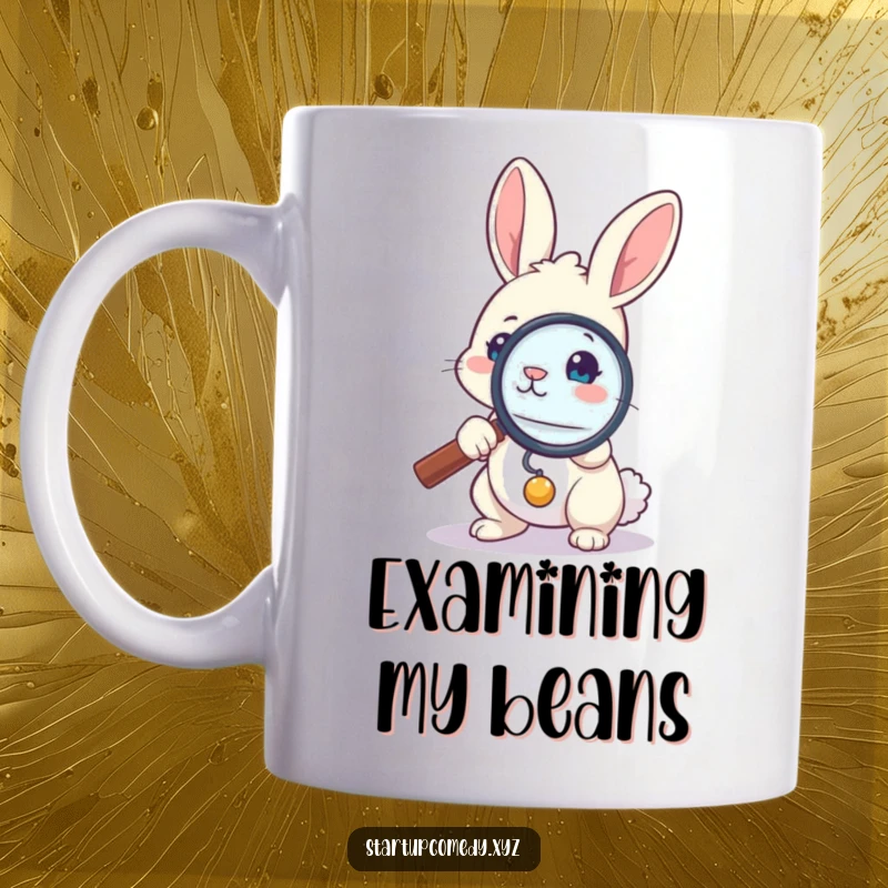 Funny bunny mug, brave rabbit detective with magnifying glass, examining tiny object, curious and focused, mystery gift.