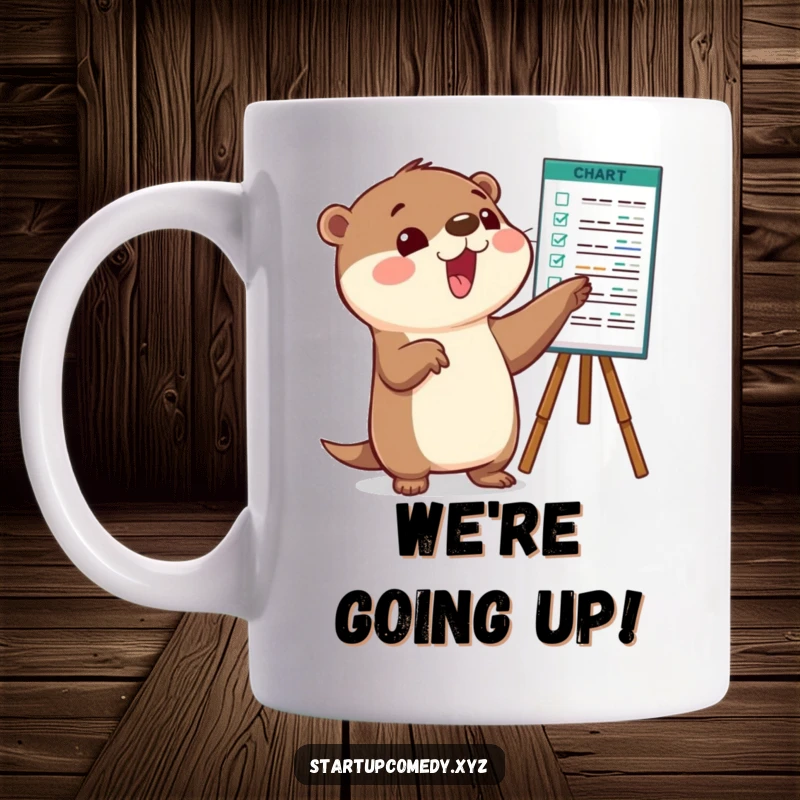 Funny Otter Mug with a character excitedly pointing at a rising chart, symbolizing success.