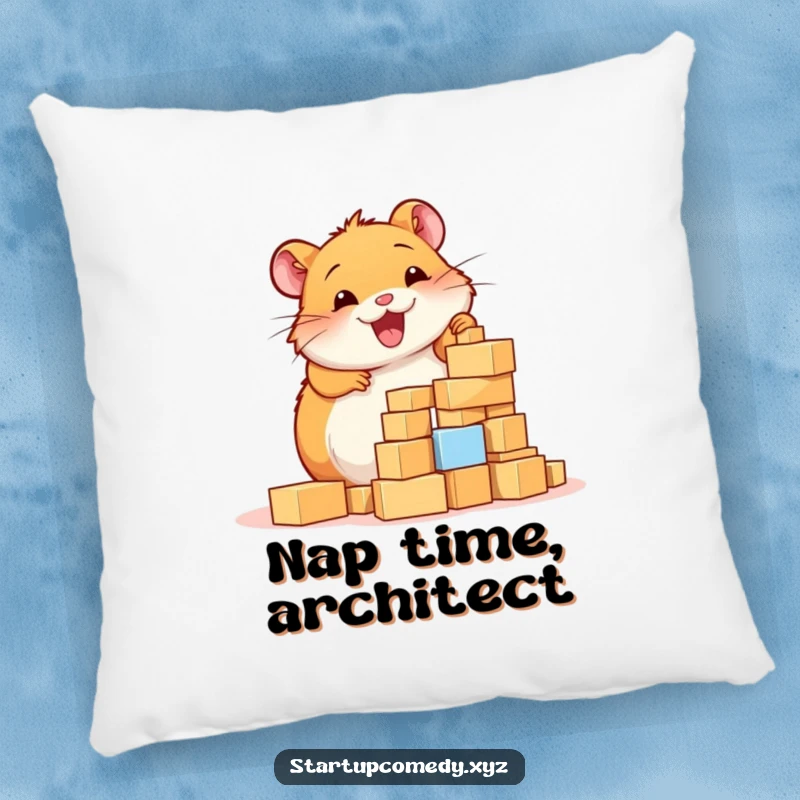 Funny Hamster Pillow, a cheerful hamster enthusiastically building a tower of tiny blocks, bringing comfort and creative vibes.