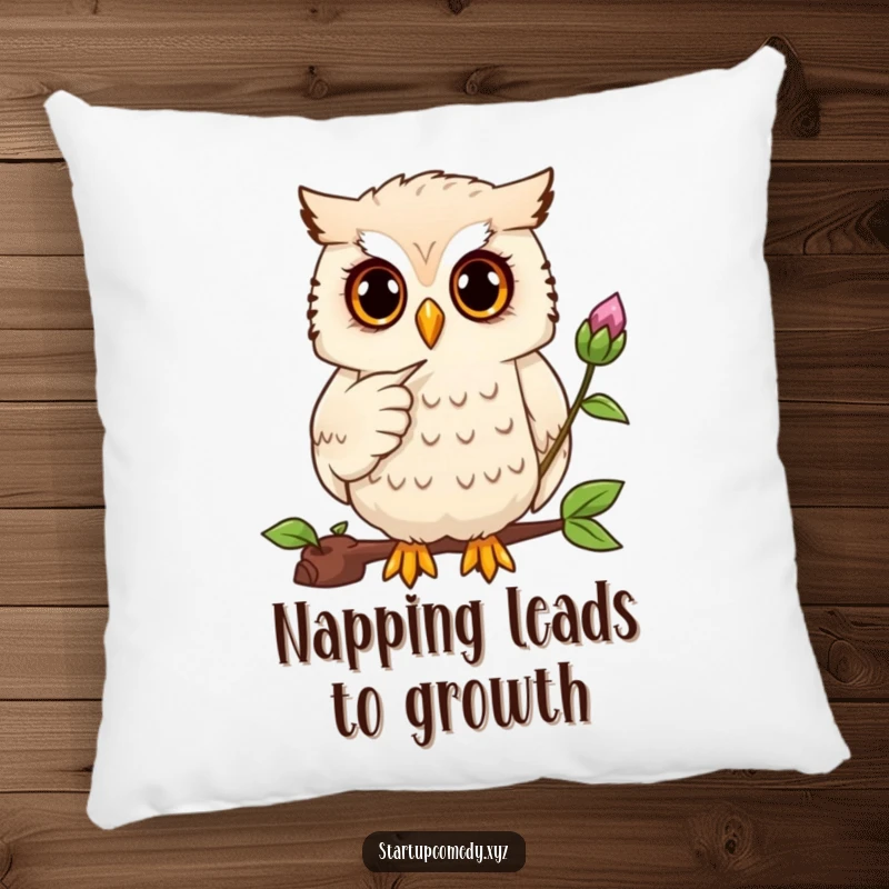 Funny owl pillow, focused character pointing at a seedling, soft cushion, plant care comfort gift.