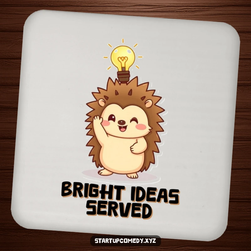 Funny Hedgehog Coaster featuring a lightbulb motif, a smart and humorous table protector.