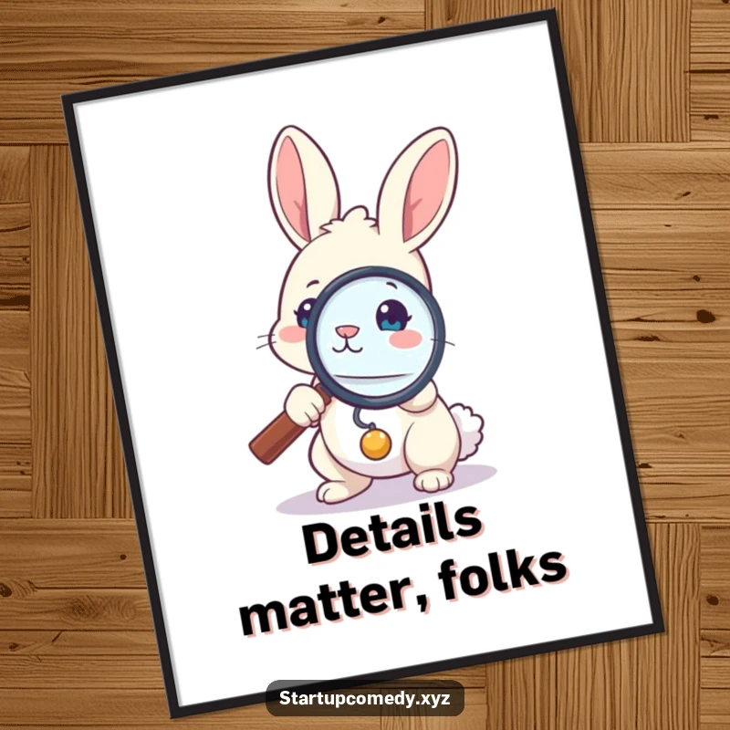 Funny bunny poster, brave rabbit with magnifying glass, examining small item closely, quirky wall art, detective gift.