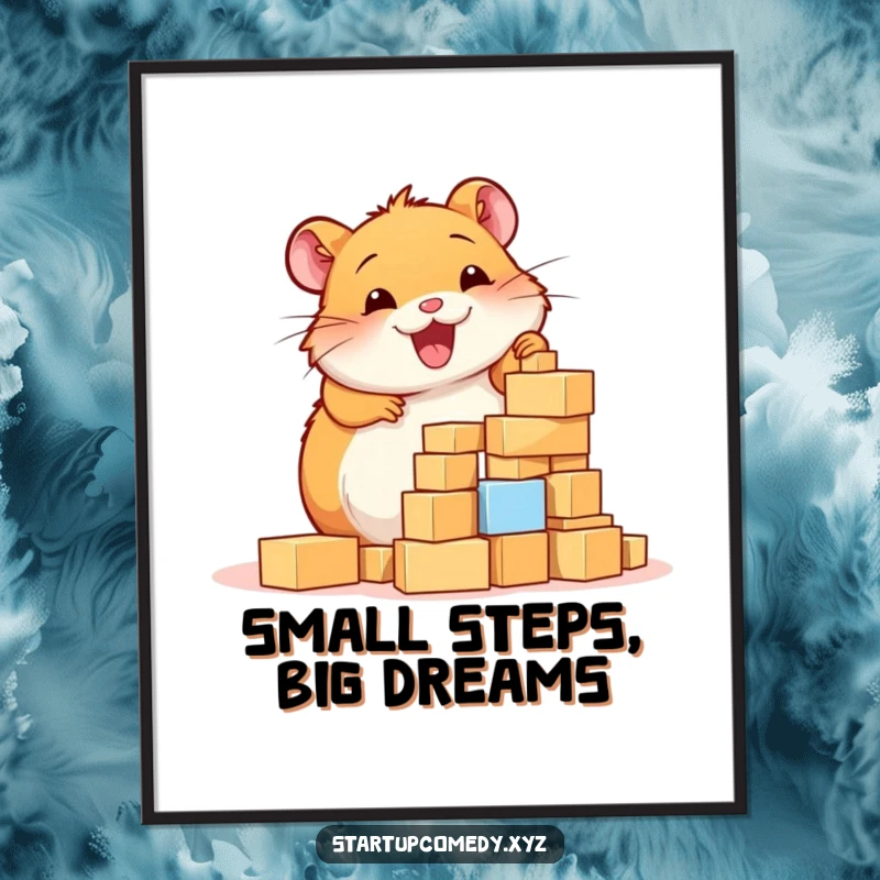 Funny Hamster Poster, a cheerful hamster enthusiastically building a tower of tiny blocks, showcasing its dedication to construction.