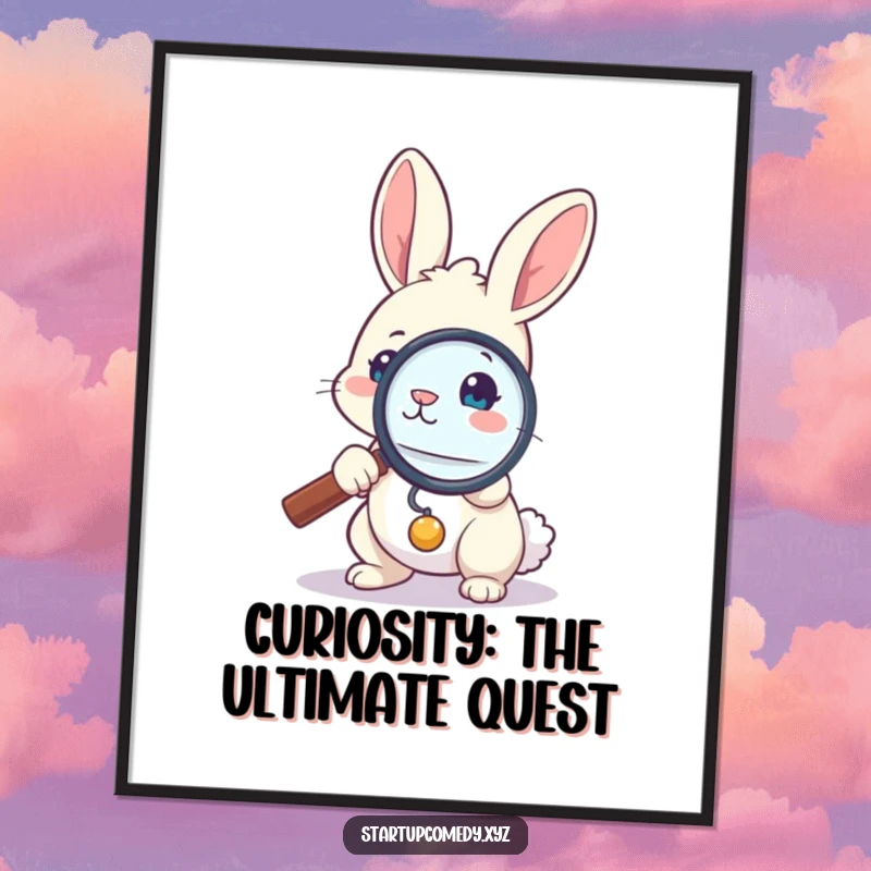 Funny Free Printable Wall Art: Bunny holding a large magnifying glass, curiously inspecting a tiny item, finding humor in the details.