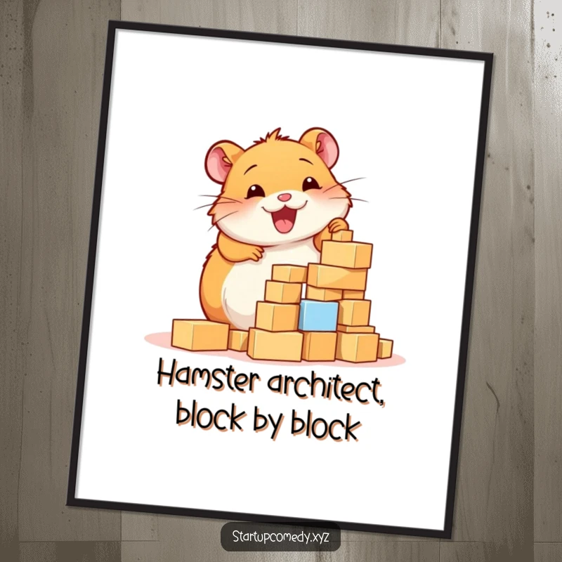 Funny free printable wall art of a cheerful hamster enthusiastically constructing a tower of tiny blocks.