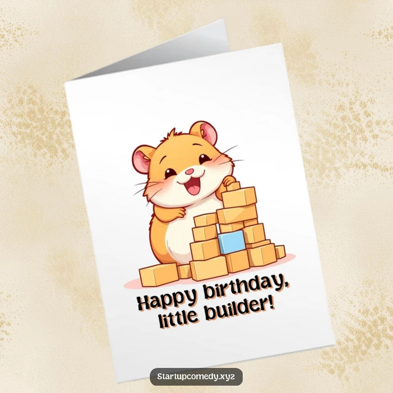 Funny free printable birthday card: a cheerful hamster enthusiastically building a tall tower of tiny, colorful blocks.