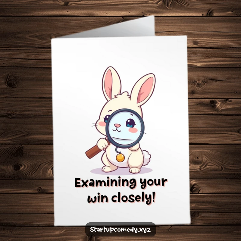 Funny Free Printable Congrats Card: Bunny holding a large magnifying glass, intently inspecting a small item, celebrating their big win.
