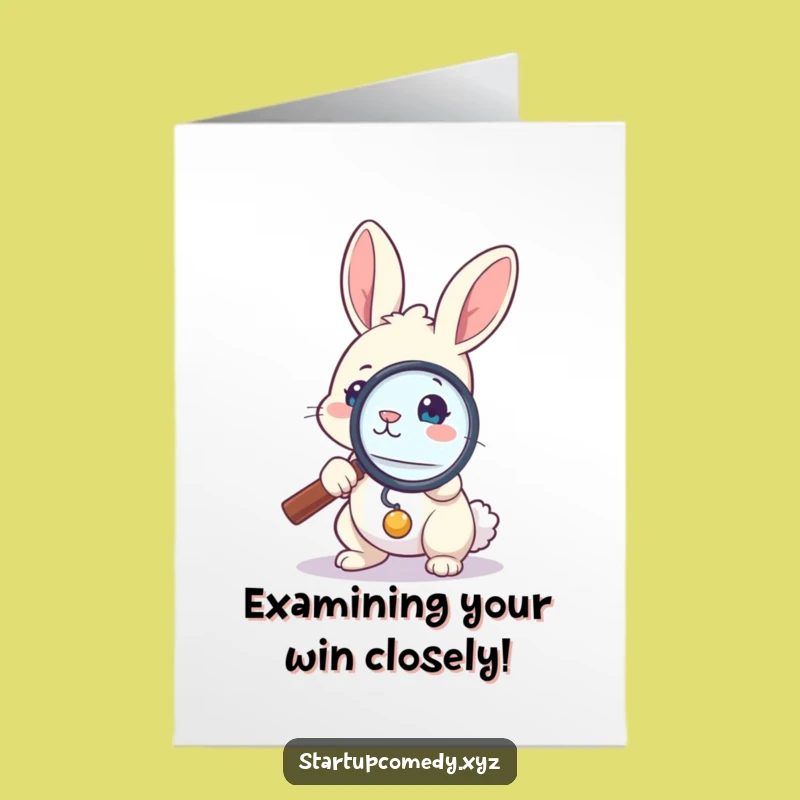 Free Printable Congrats Card: Bunny Inspecting Success Funny Downloadable Gift