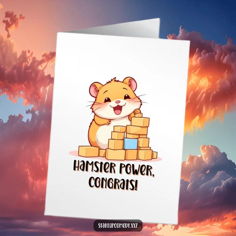 Funny free printable congratulations card: a cheerful hamster building an impressive tower of blocks, symbolizing success.