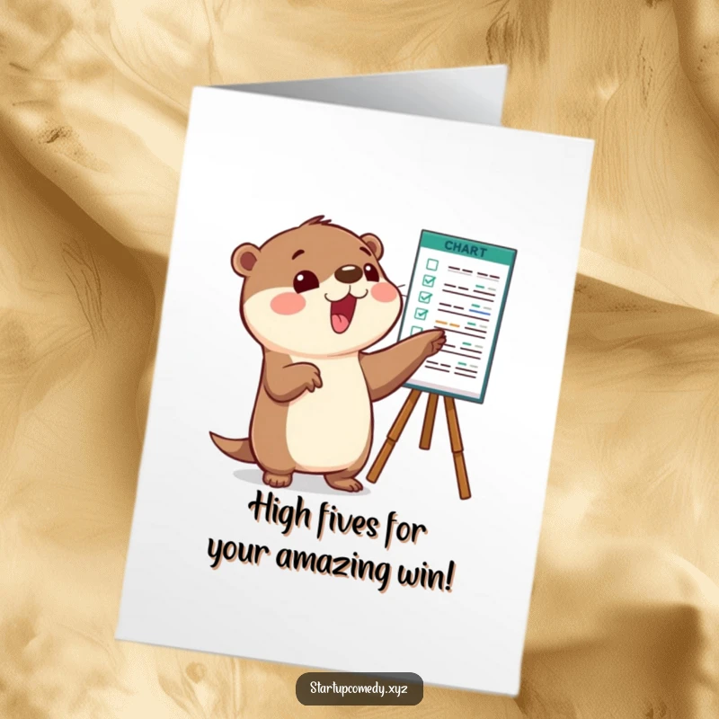 Funny Free Printable Congratulations Card: Playful otter character excitedly pointing at a chart, indicating a rise in success.