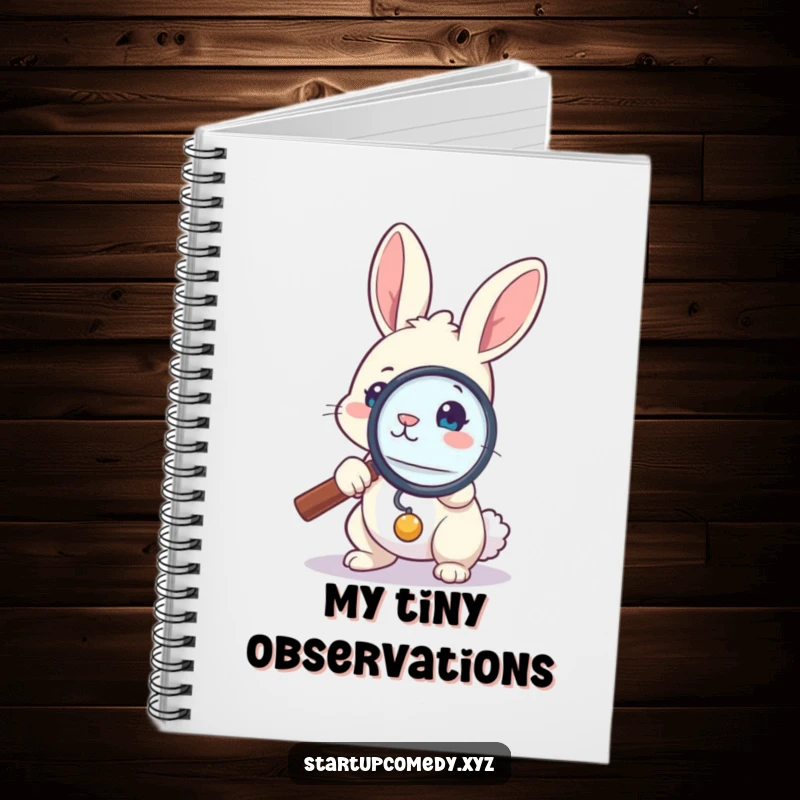 Funny bunny notebook, brave investigator with magnifying glass, focused entry, writing pages, curious observation gift.