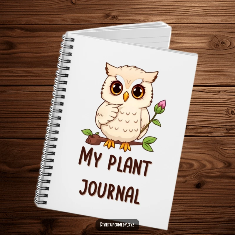 Funny owl notebook, wise character pointing at a budding plant, ideas journal, plant planning gift.