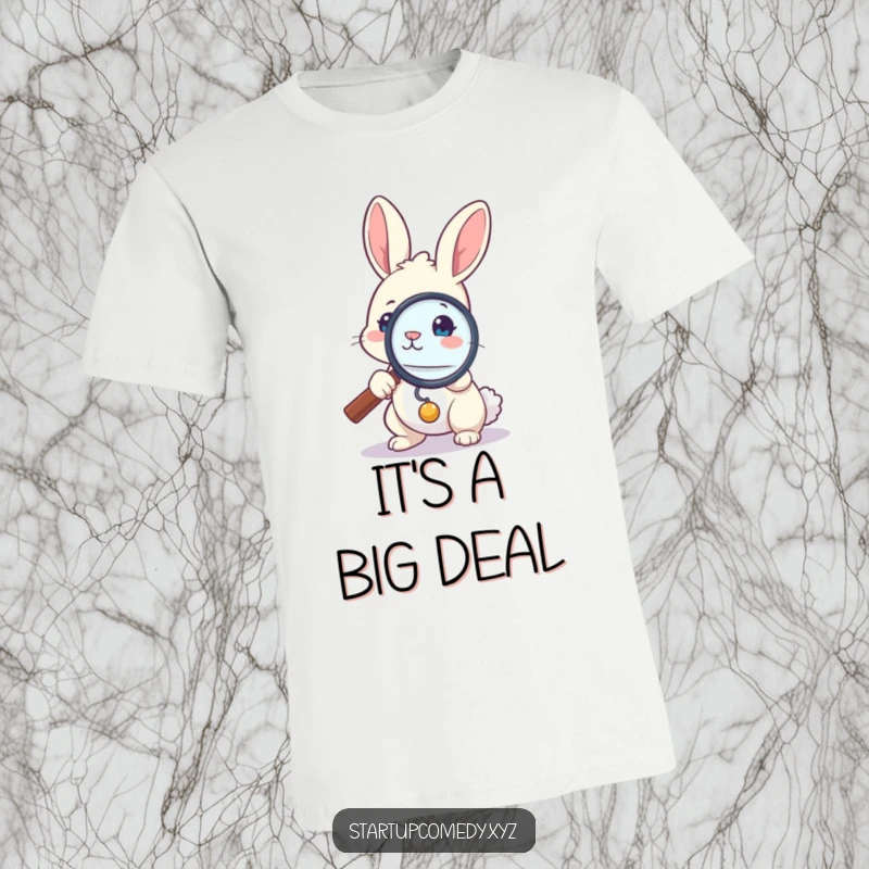 Funny bunny t-shirt, brave investigator rabbit holding large magnifying glass, small item focus, curious exploration gift.
