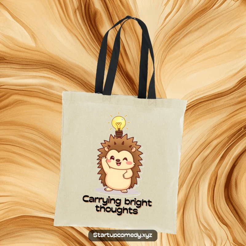 Funny Hedgehog Tote Bag designed to carry books and brilliance, with a lightbulb symbolizing ideas.